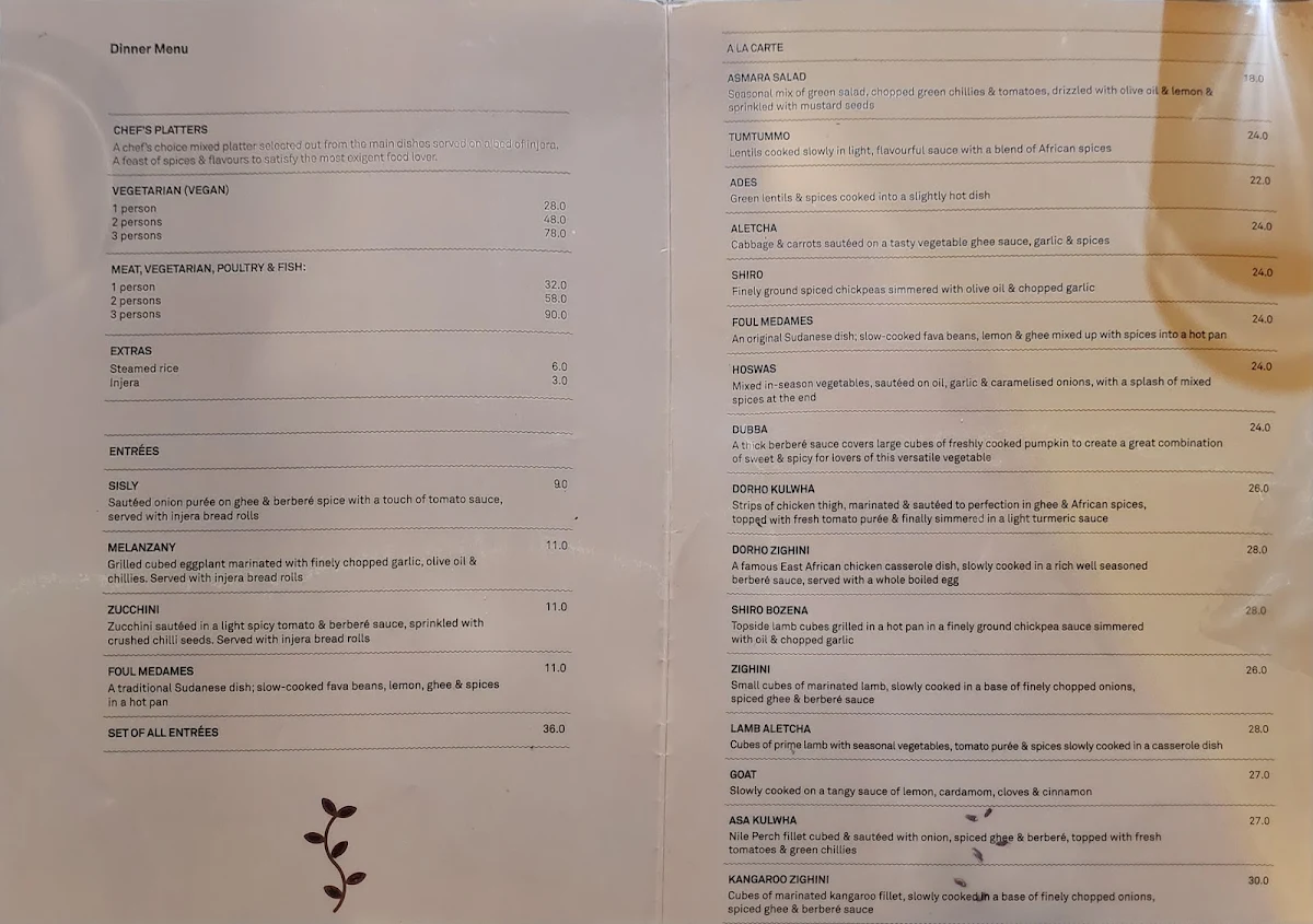 Menu, The Abyssinian Restaurant