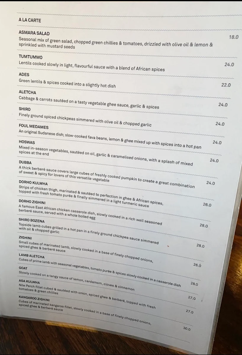Menu, The Abyssinian Restaurant