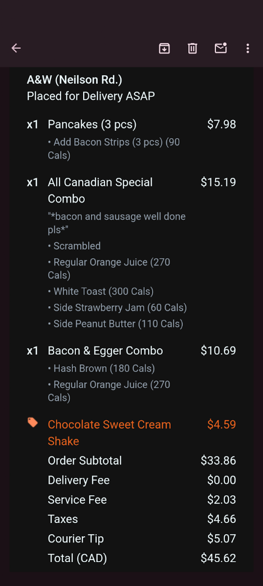 Menu, A&W Canada