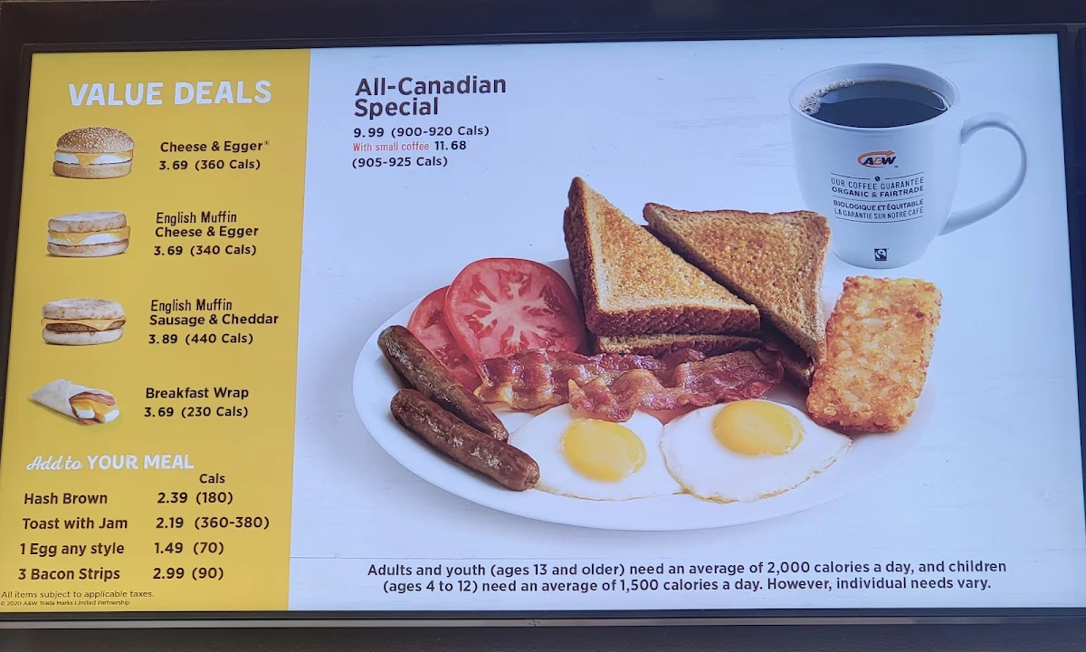 Menu, A&W Canada