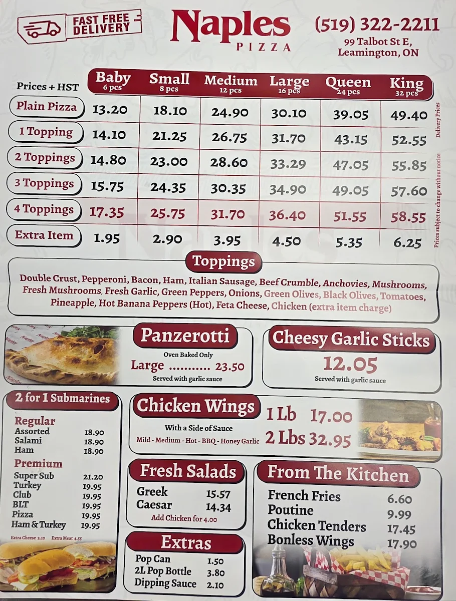 Menu, Naples Pizza