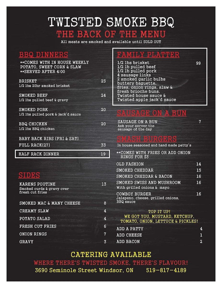 Menu, Twisted Smoke BBQ
