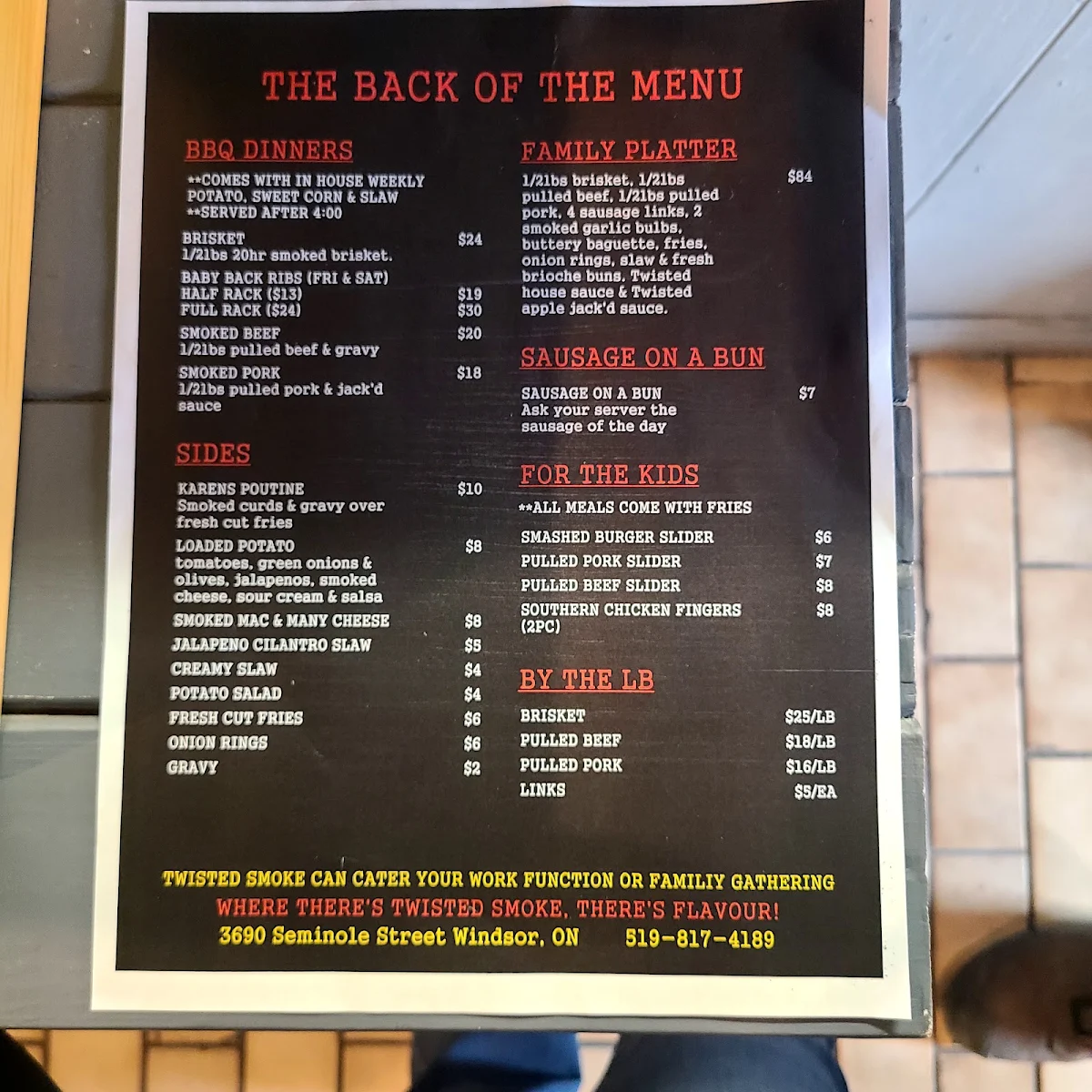Menu, Twisted Smoke BBQ