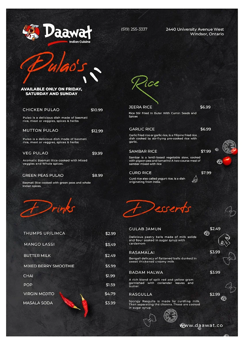 Menu, Daawat Indian Cuisine Restaurant