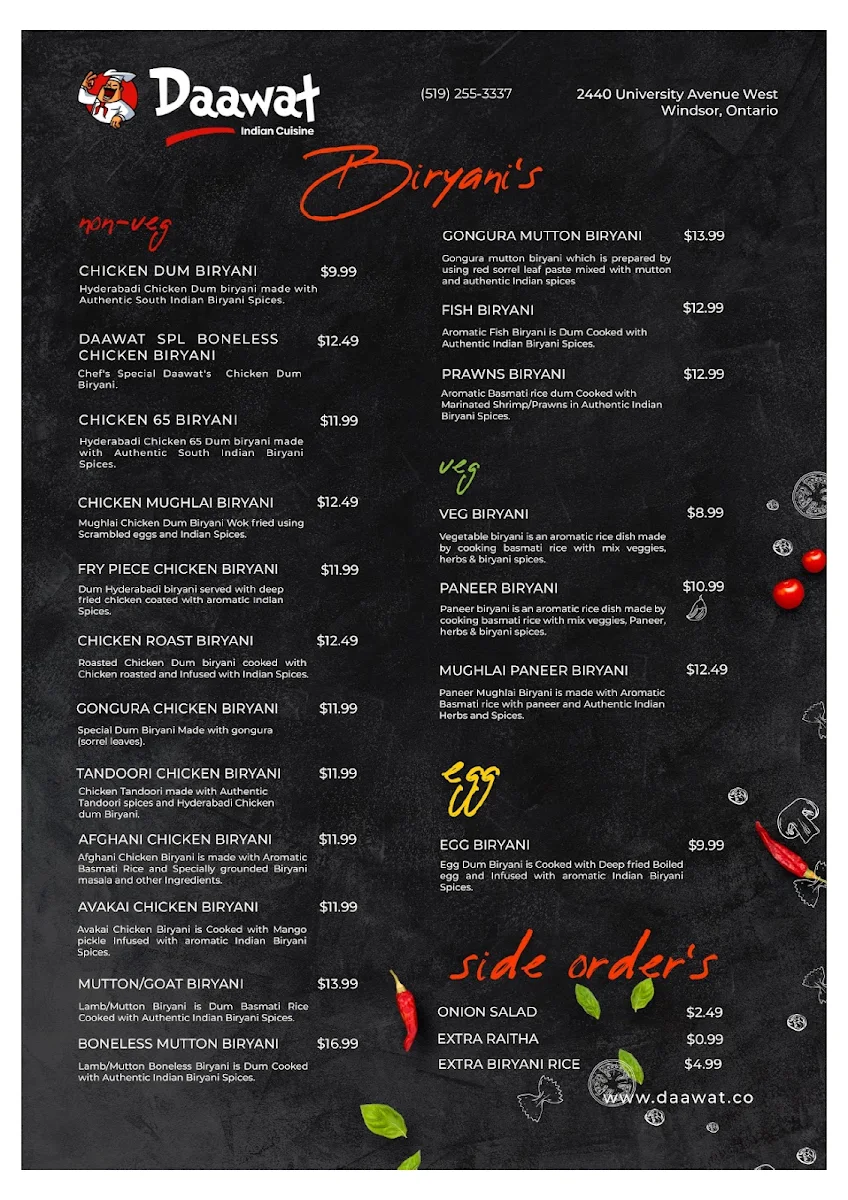 Menu, Daawat Indian Cuisine Restaurant