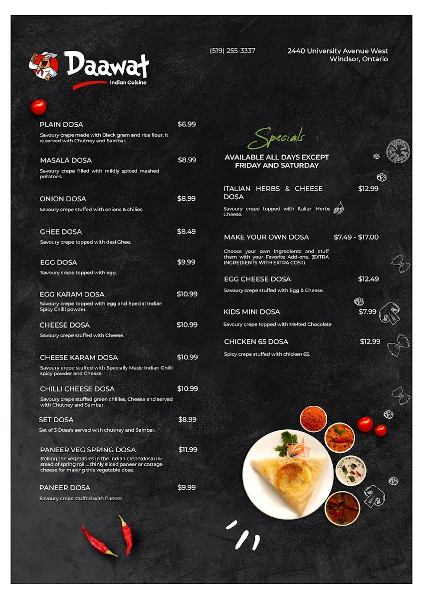 Menu, Daawat Indian Cuisine Restaurant