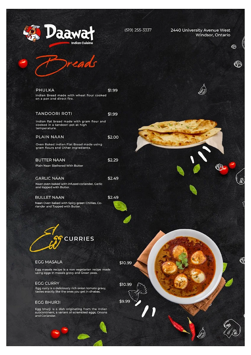 Menu, Daawat Indian Cuisine Restaurant