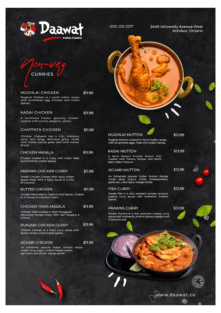 Menu, Daawat Indian Cuisine Restaurant
