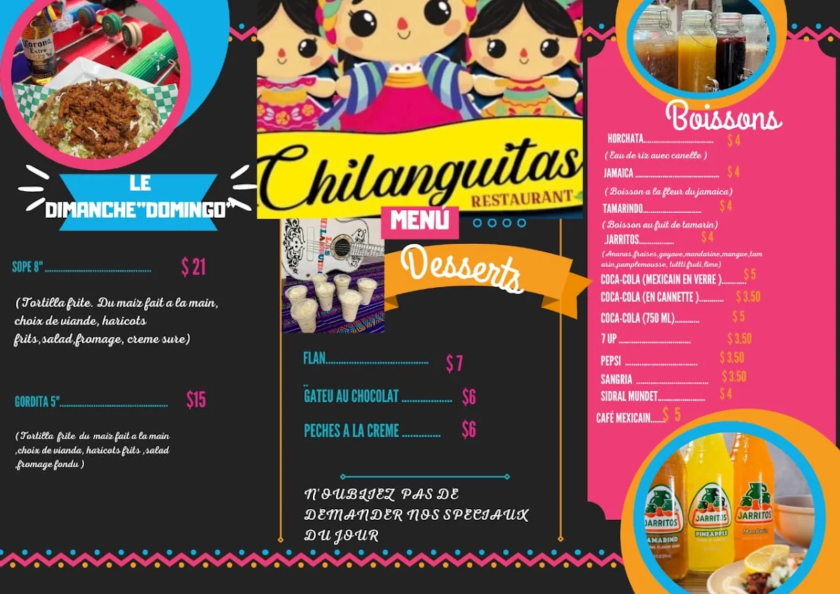 Menu, Las Chilanguitas Restaurant