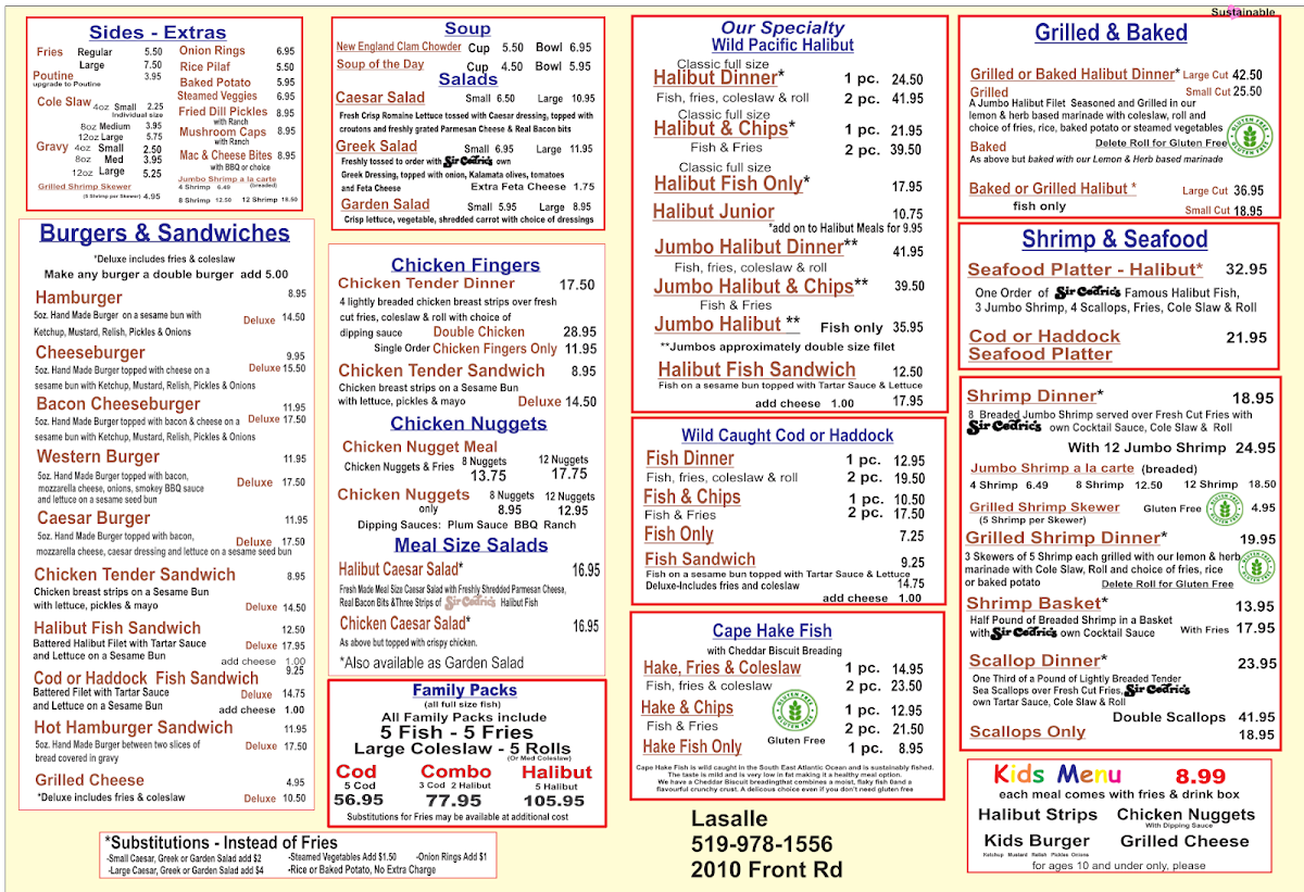 Menu, Sir Cedric's Fish & Chips LaSalle