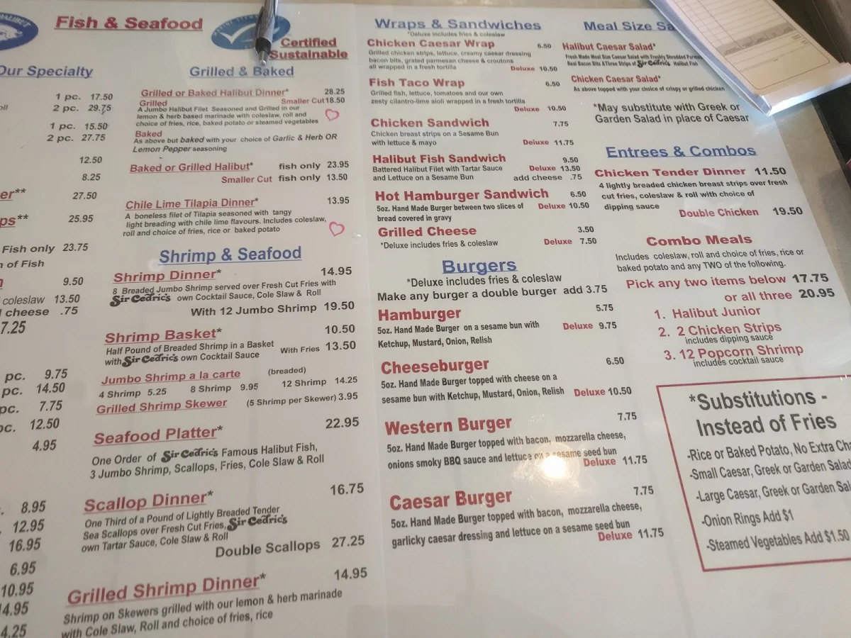 Menu, Sir Cedric's Fish & Chips LaSalle