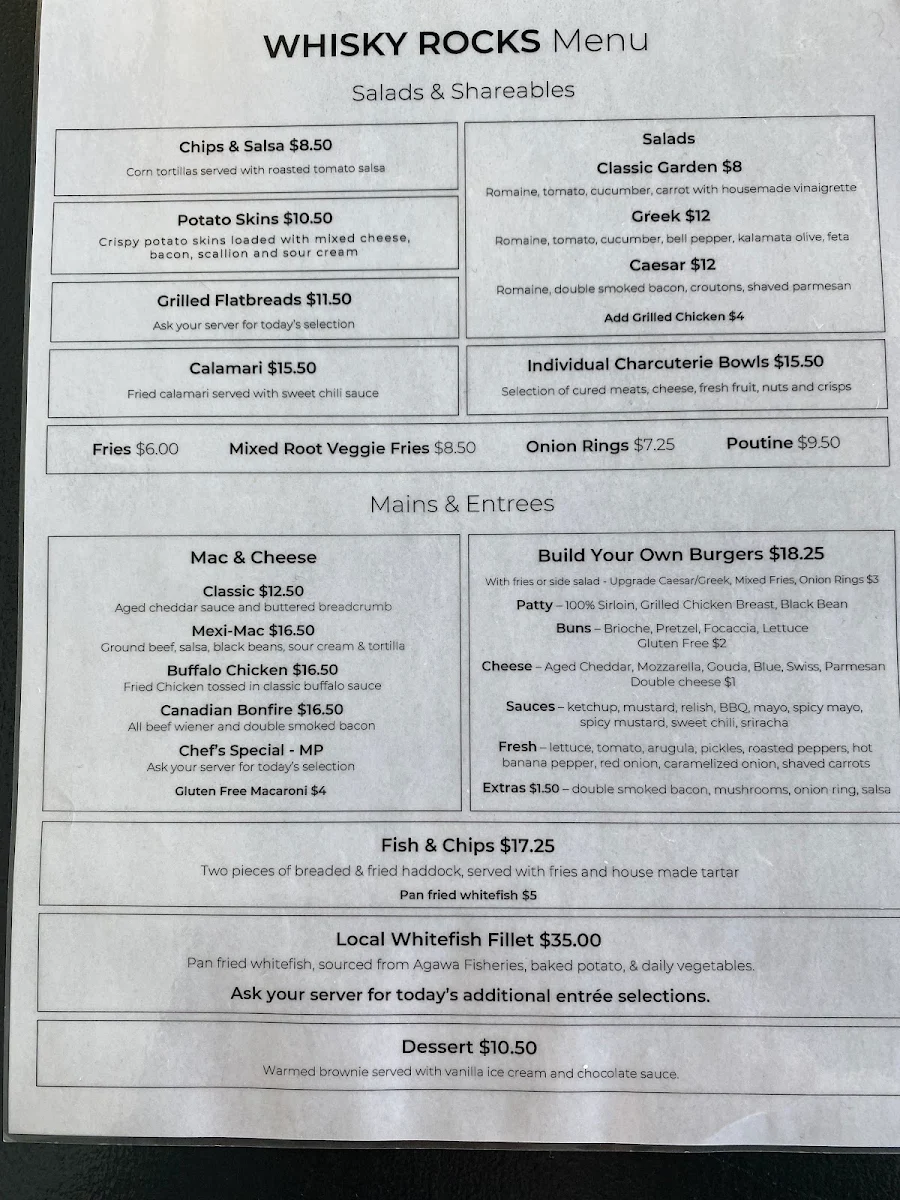 Menu, Whisky Rocks