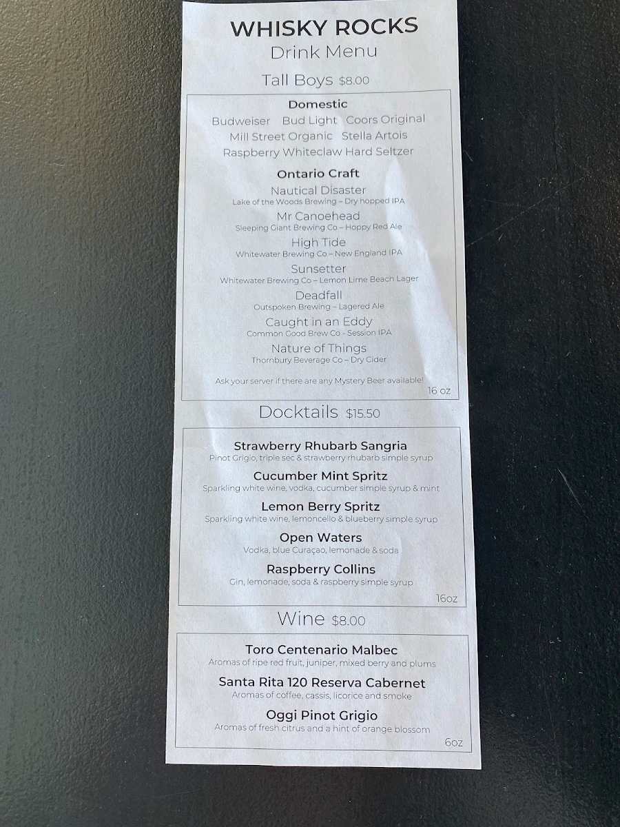 Menu, Whisky Rocks