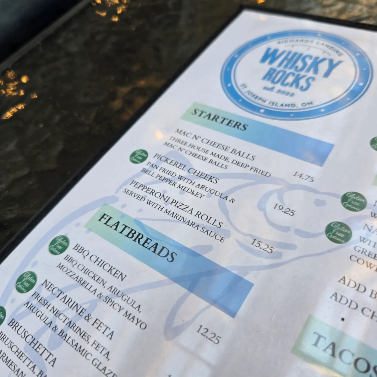 Menu, Whisky Rocks