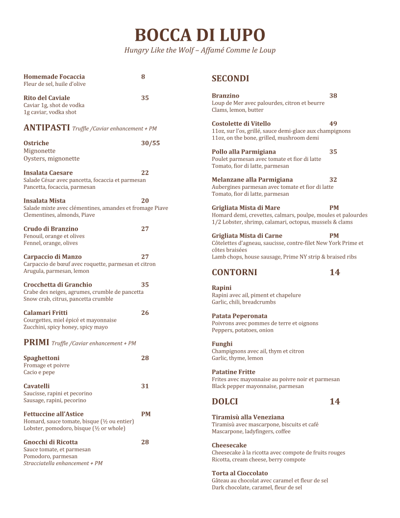 Menu, Bocca Di Lupo