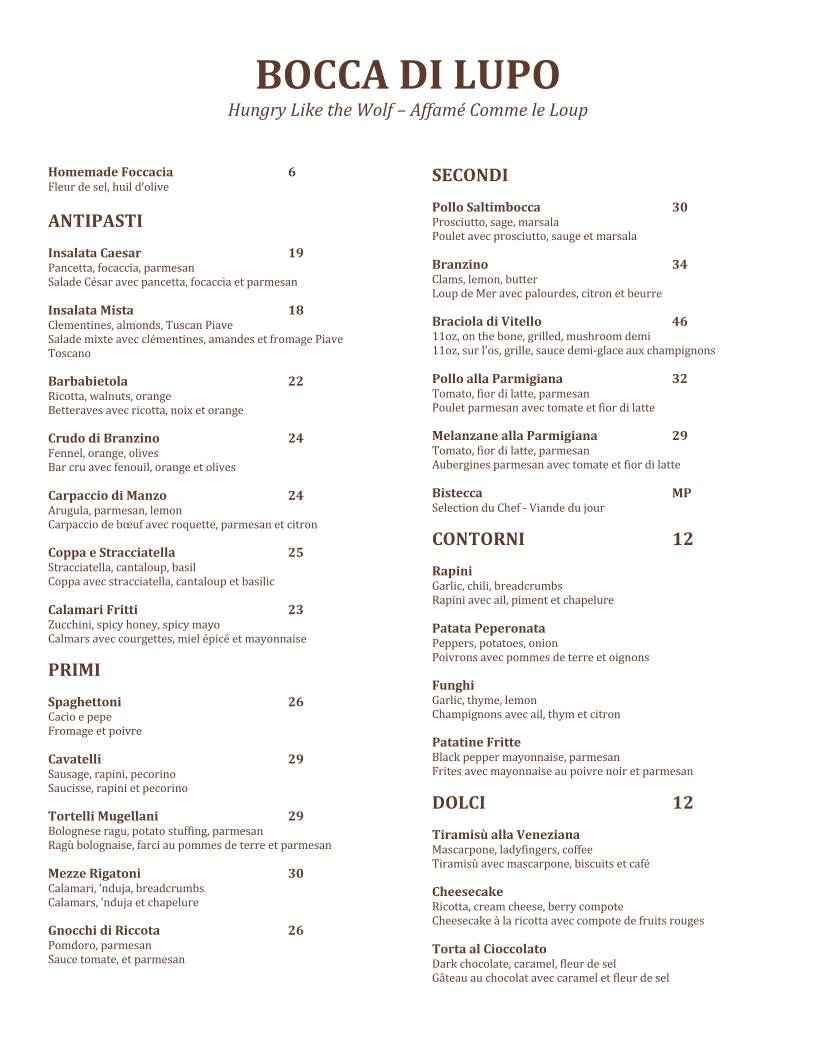 Menu, Bocca Di Lupo