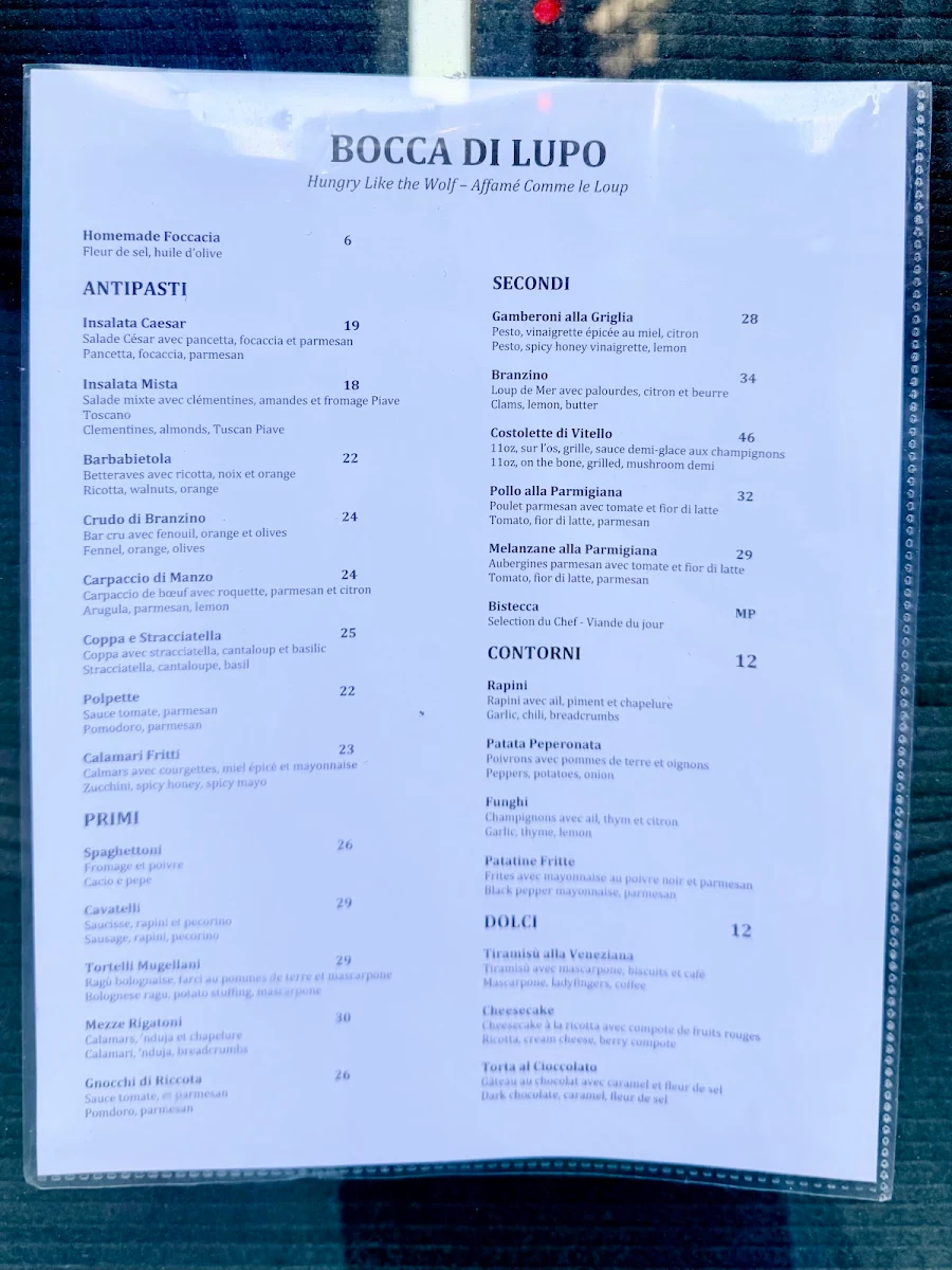 Menu, Bocca Di Lupo