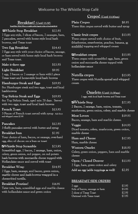 Menu, The Whistle Stop Cafe