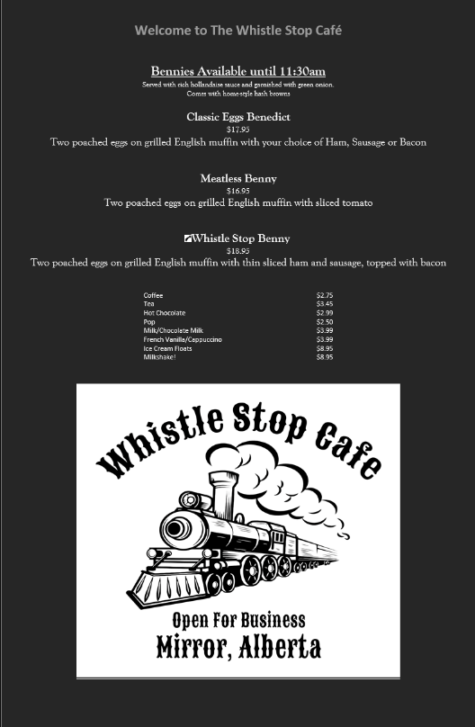 Menu, The Whistle Stop Cafe