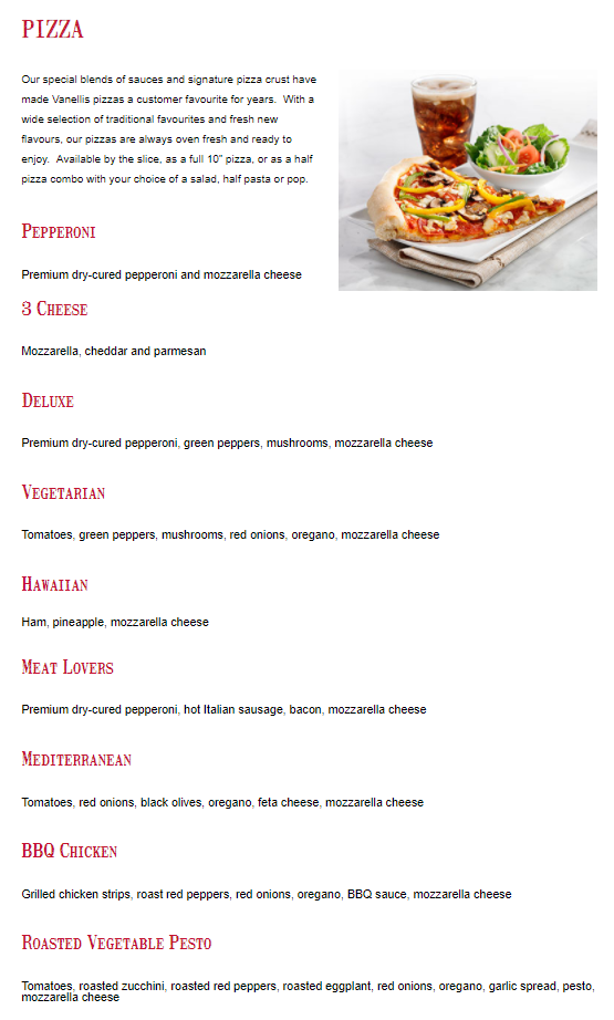 Menu, Vanellis