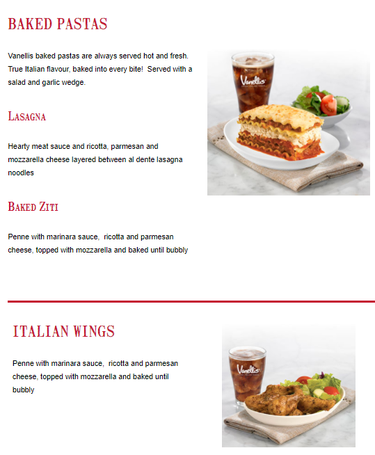 Menu, Vanellis