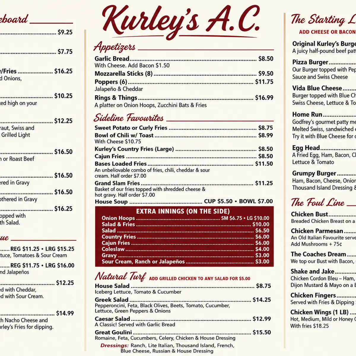 Menu, Kurley's AC