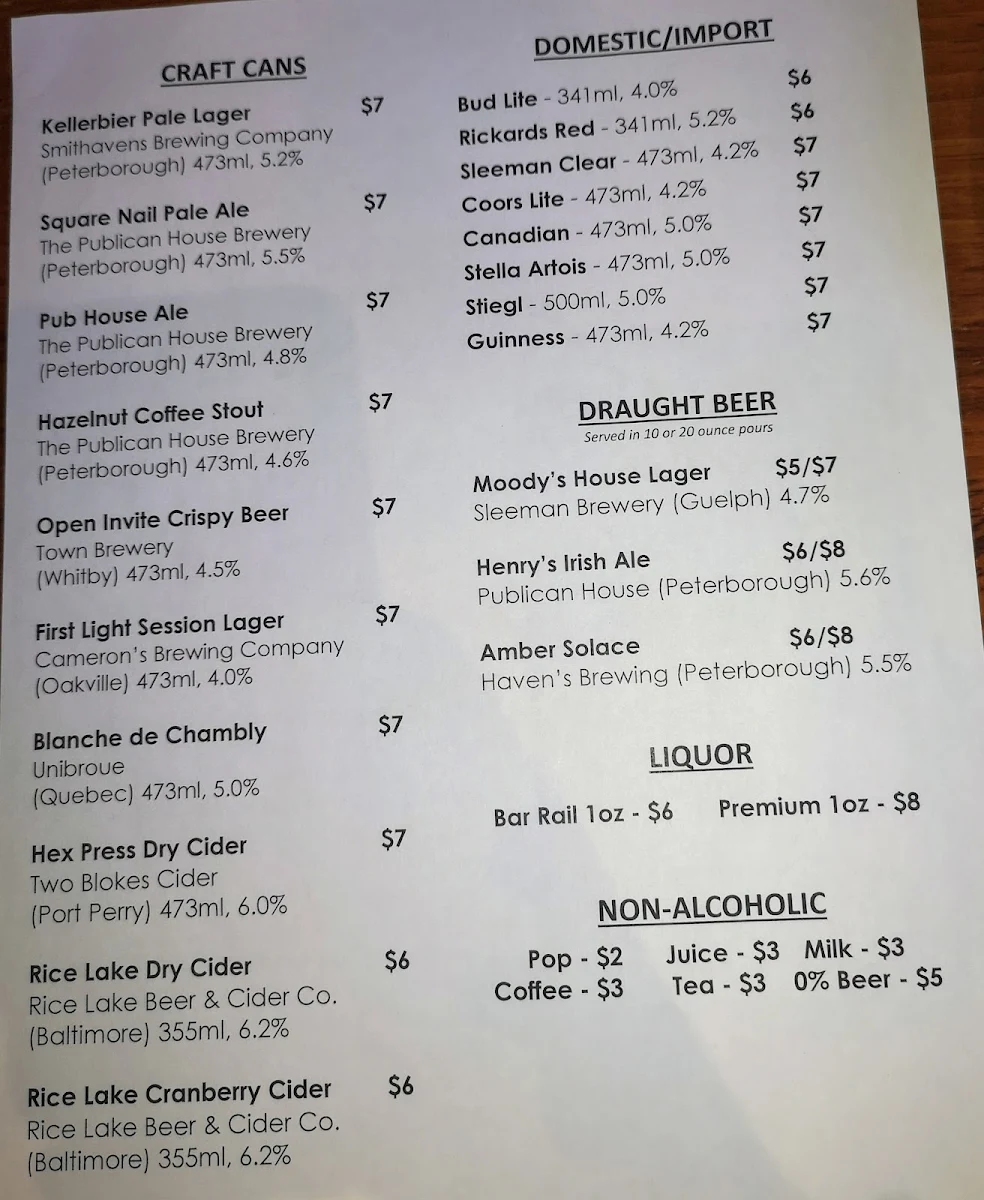 Menu, Moody's Bar and Grill