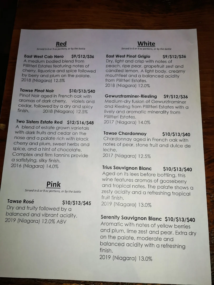 Menu, Moody's Bar and Grill