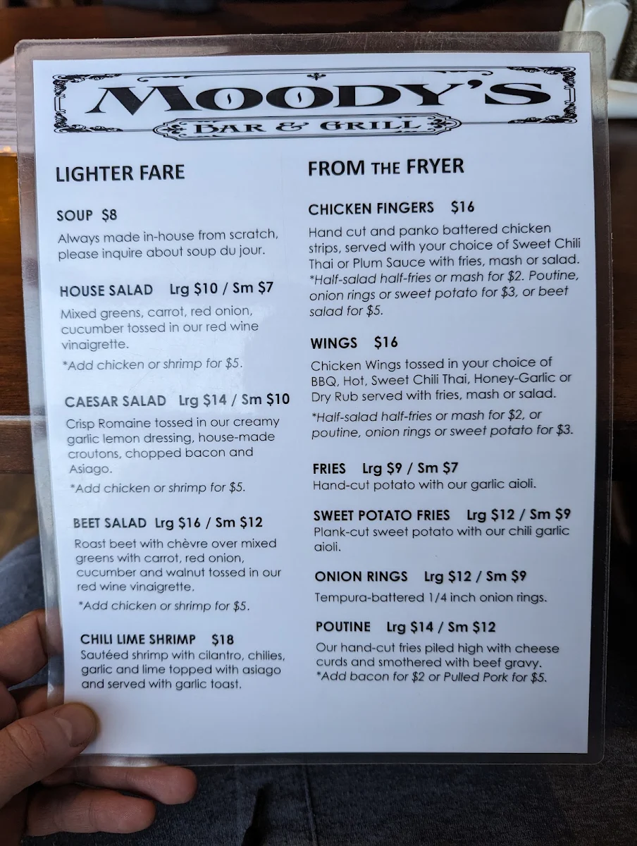 Menu, Moody's Bar and Grill