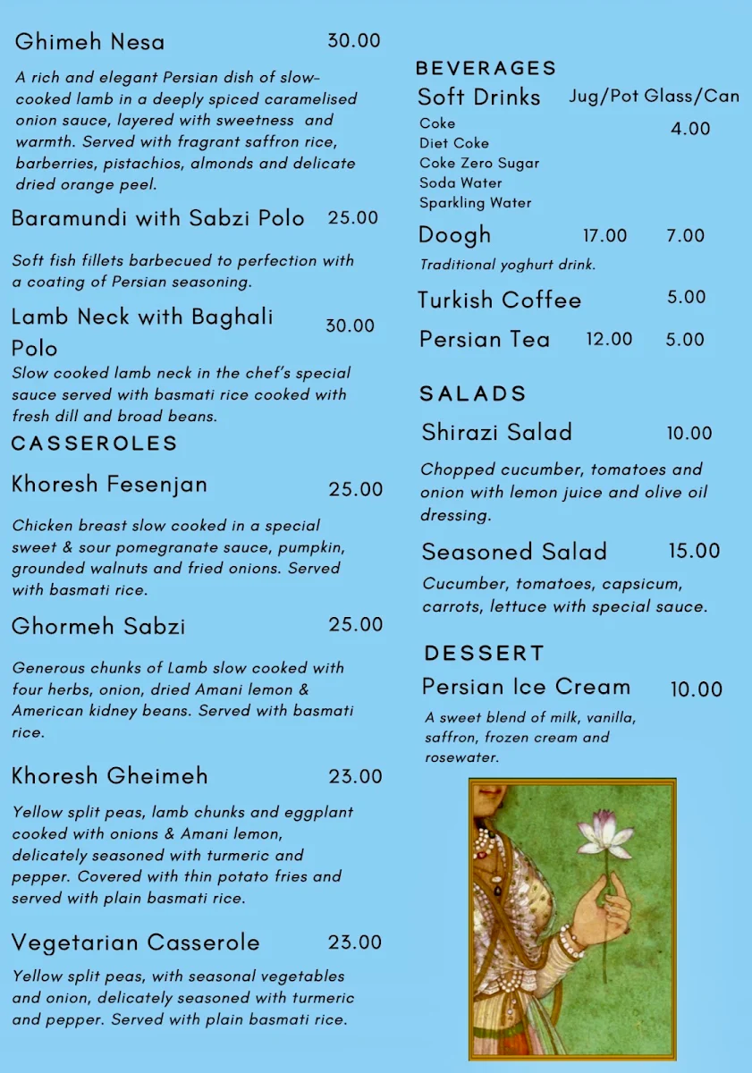 Menu, Suri Persian Restaurant