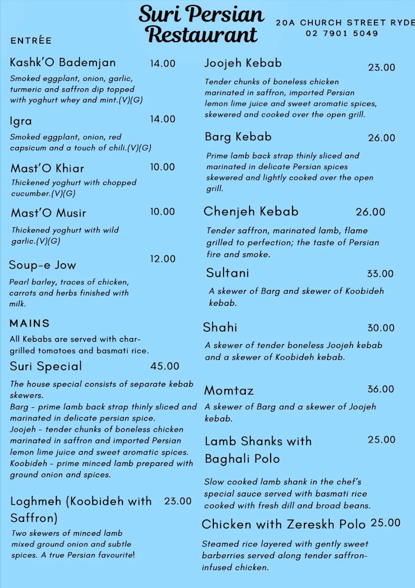 Menu, Suri Persian Restaurant