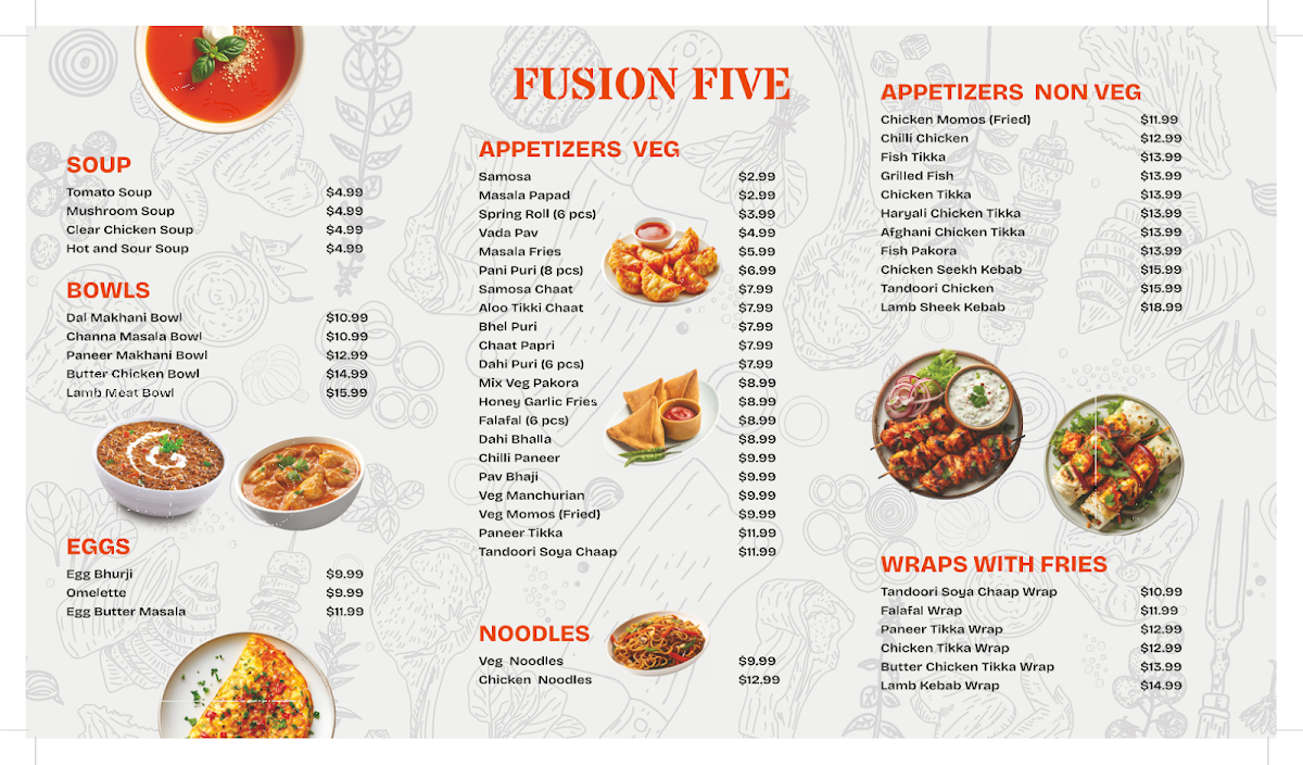 Menu, Fusion Five Restaurant (Indian, Indo- Chinese, Tandoori Delight, Sweets & Chaat)