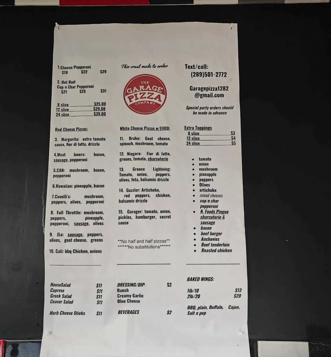 Menu, Garage Pizza