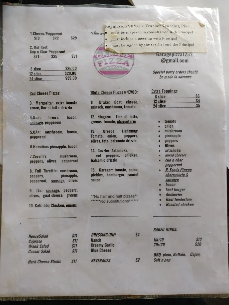 Menu, Garage Pizza