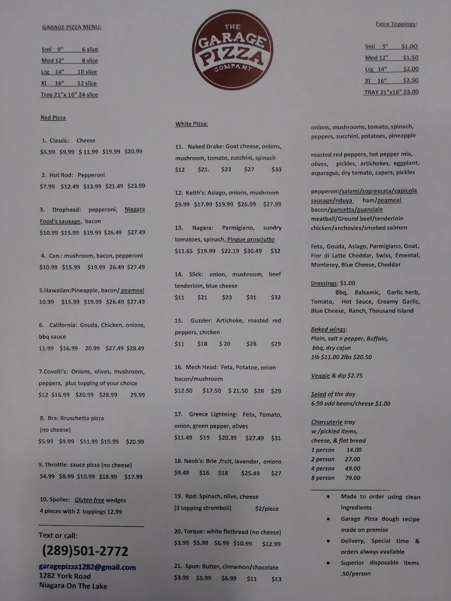 Menu, Garage Pizza