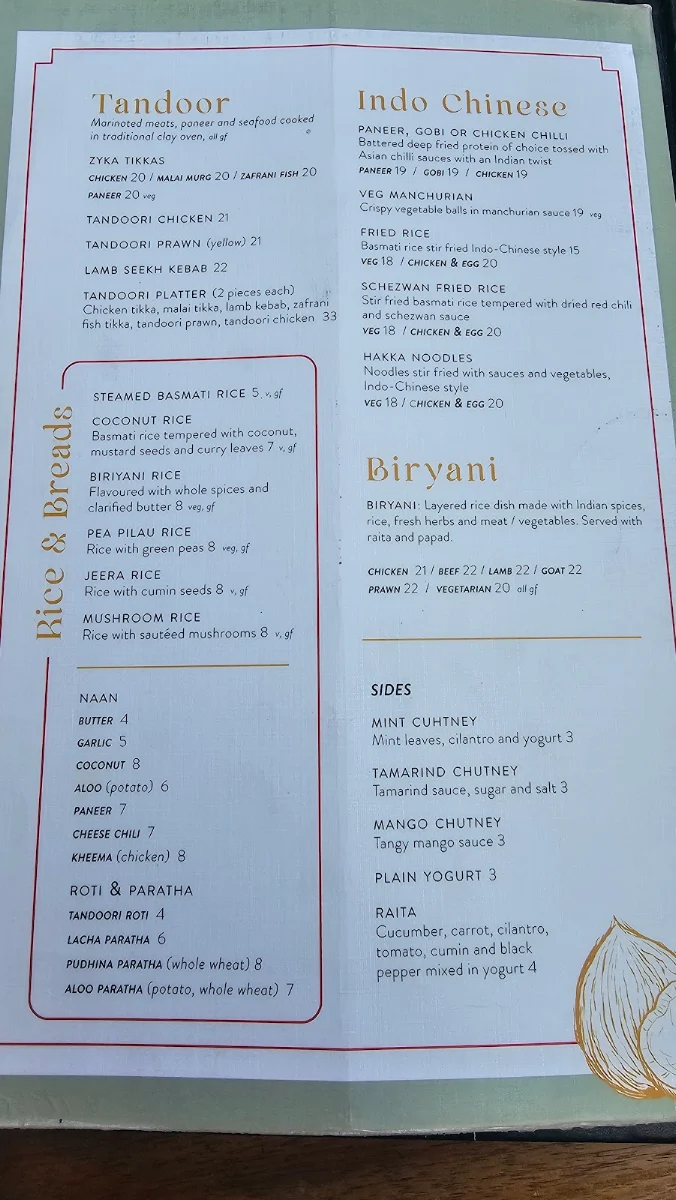 Menu, Zyka Elevated Indian Restaurant Banff