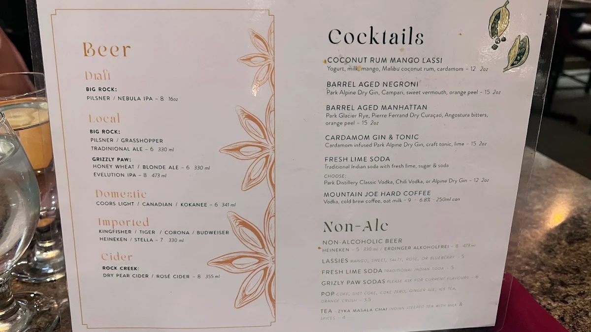 Menu, Zyka Elevated Indian Restaurant Banff