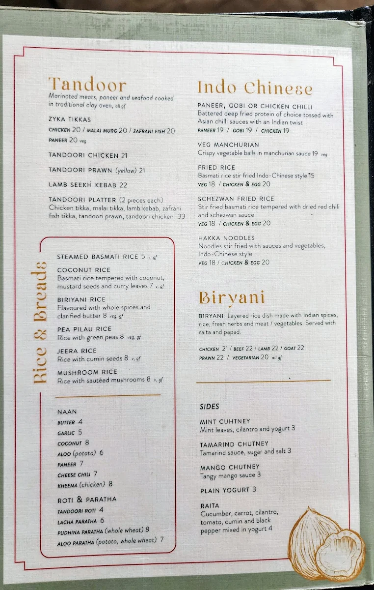 Menu, Zyka Elevated Indian Restaurant Banff