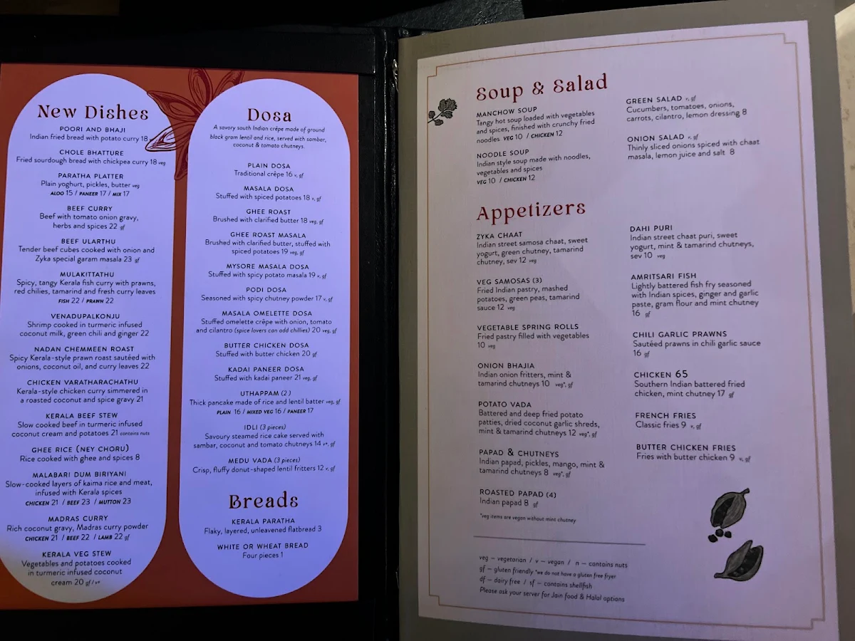 Menu, Zyka Elevated Indian Restaurant Banff