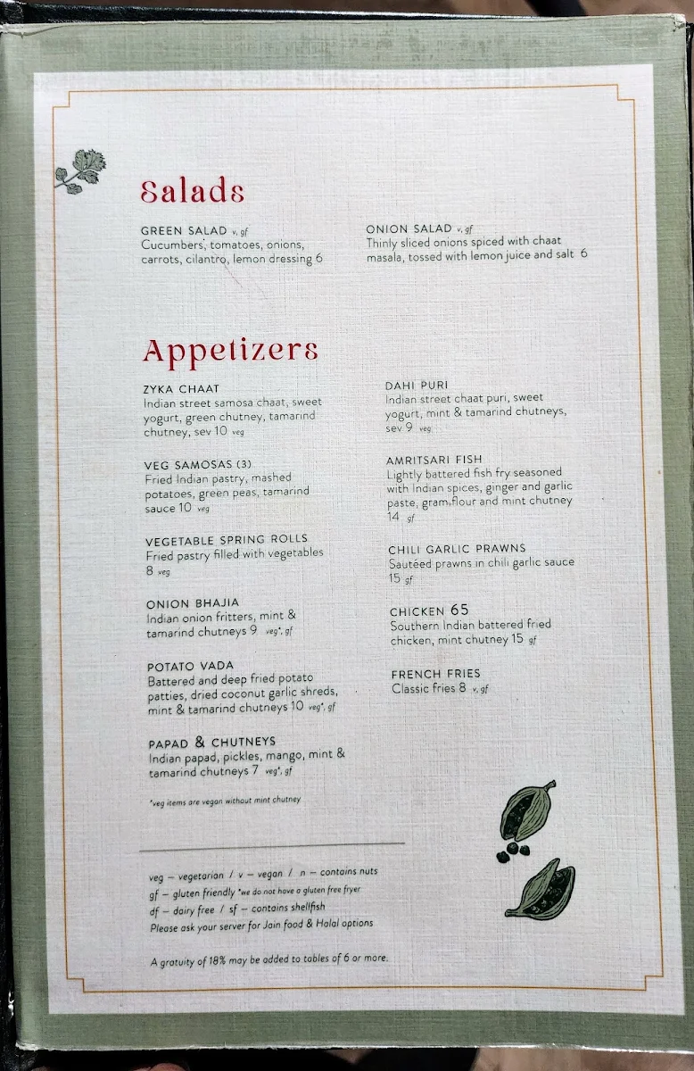 Menu, Zyka Elevated Indian Restaurant Banff