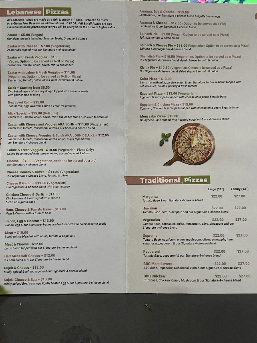 Menu, Zaatar Lebanese Bakery