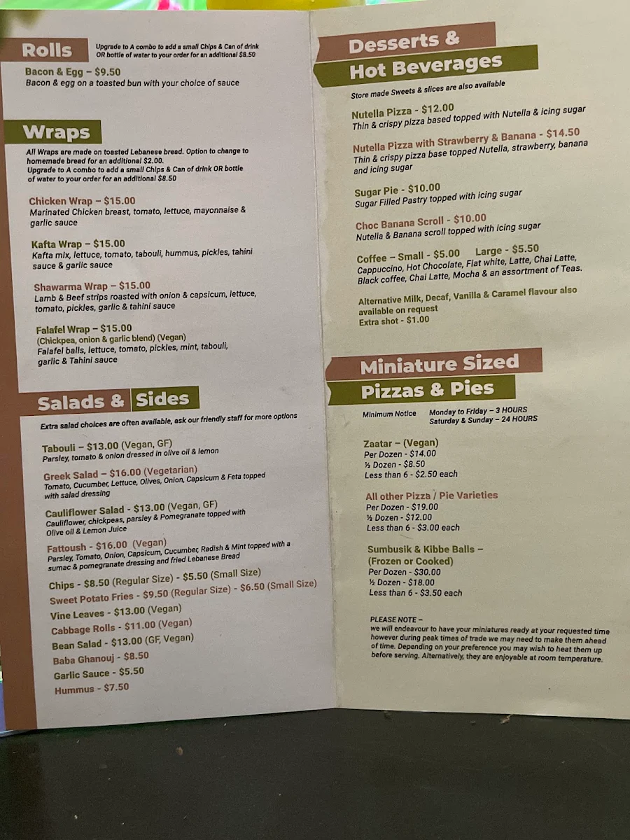 Menu, Zaatar Lebanese Bakery