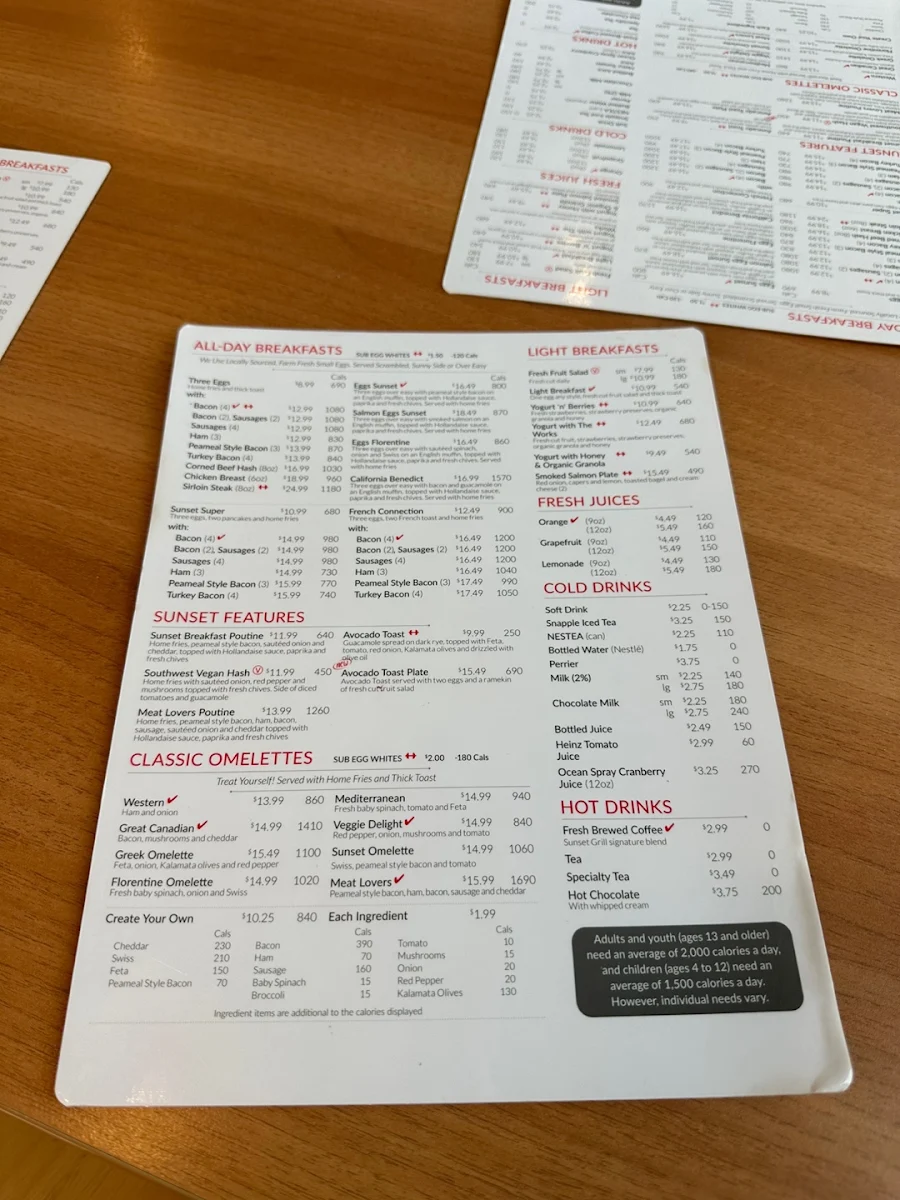 Menu, Sunset Grill
