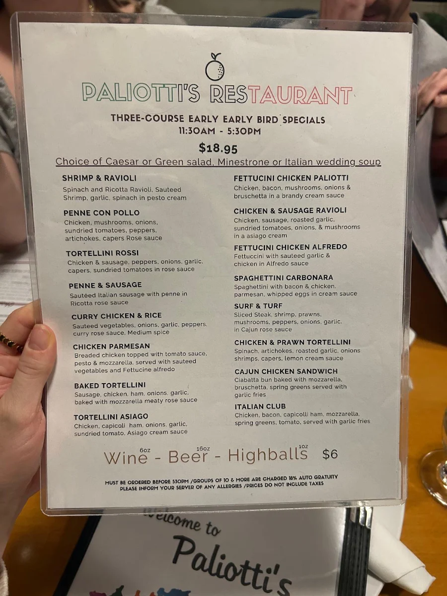 Menu, Paliotti's Italian Restaurant