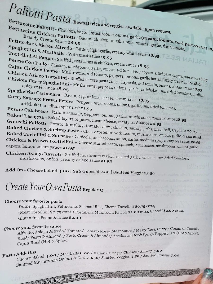 Menu, Paliotti's Italian Restaurant