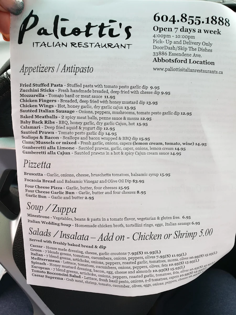 Menu, Paliotti's Italian Restaurant