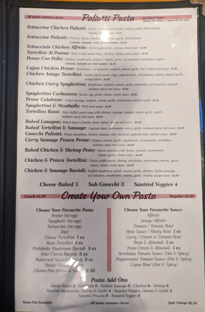 Menu, Paliotti's Italian Restaurant