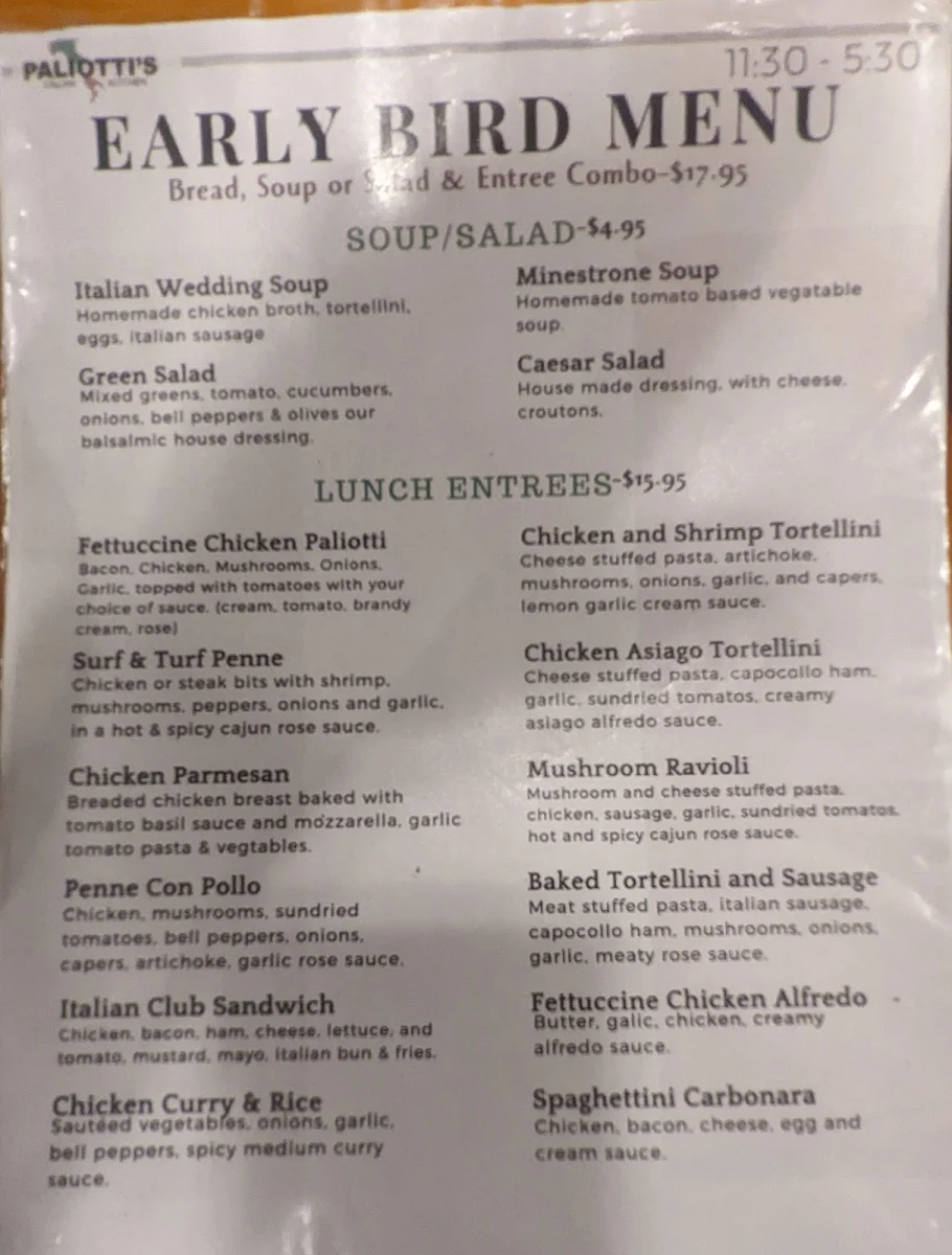 Menu, Paliotti's Italian Restaurant