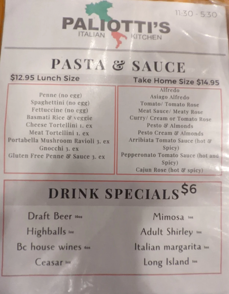 Menu, Paliotti's Italian Restaurant
