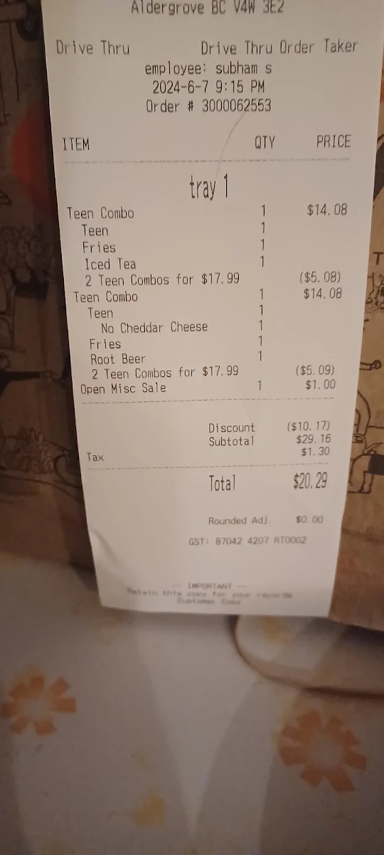 Menu, A&W Canada